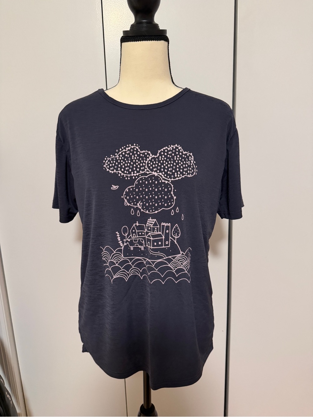 Navy Graphic Tee with White Village Print Large